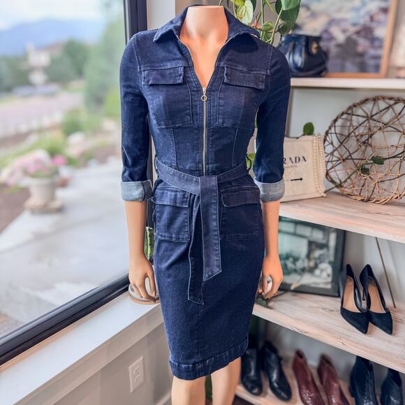 White House Black Market-Denim Zip Front Collared Dress-Pockets-Women's Size 2 - Picture 6 of 9